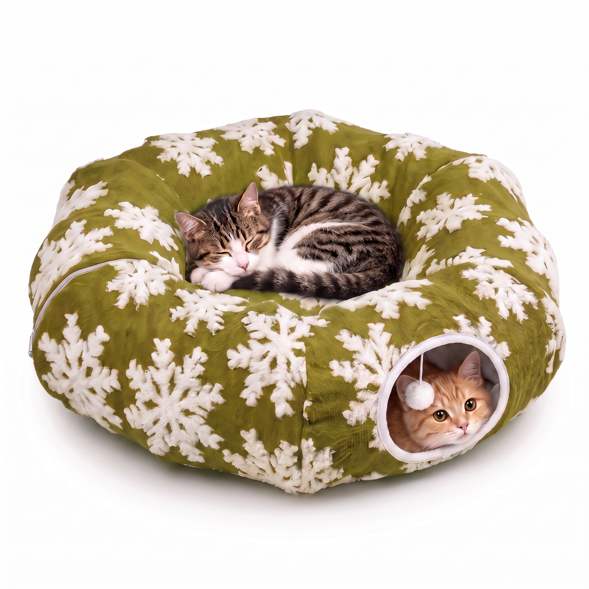 Green Christmas snowflake cat tunnel bed